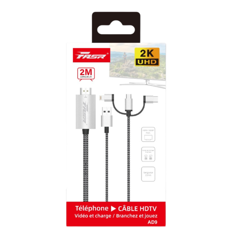 Câble Type-C / Lightning / Micro-USB Combo vers TV HDMI FASR AD9 - 2M — Accessoire · Smarty Paris 18e